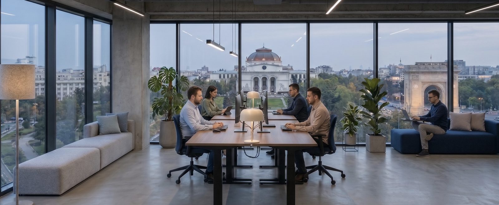 Software engineers working at a Romania delivery center, dual monitors, city skyline at dusk